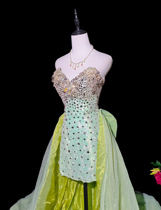 Unique Green Strapless Satin Tulle Beaded Long Birthday Party Dress Prom Gown D2372