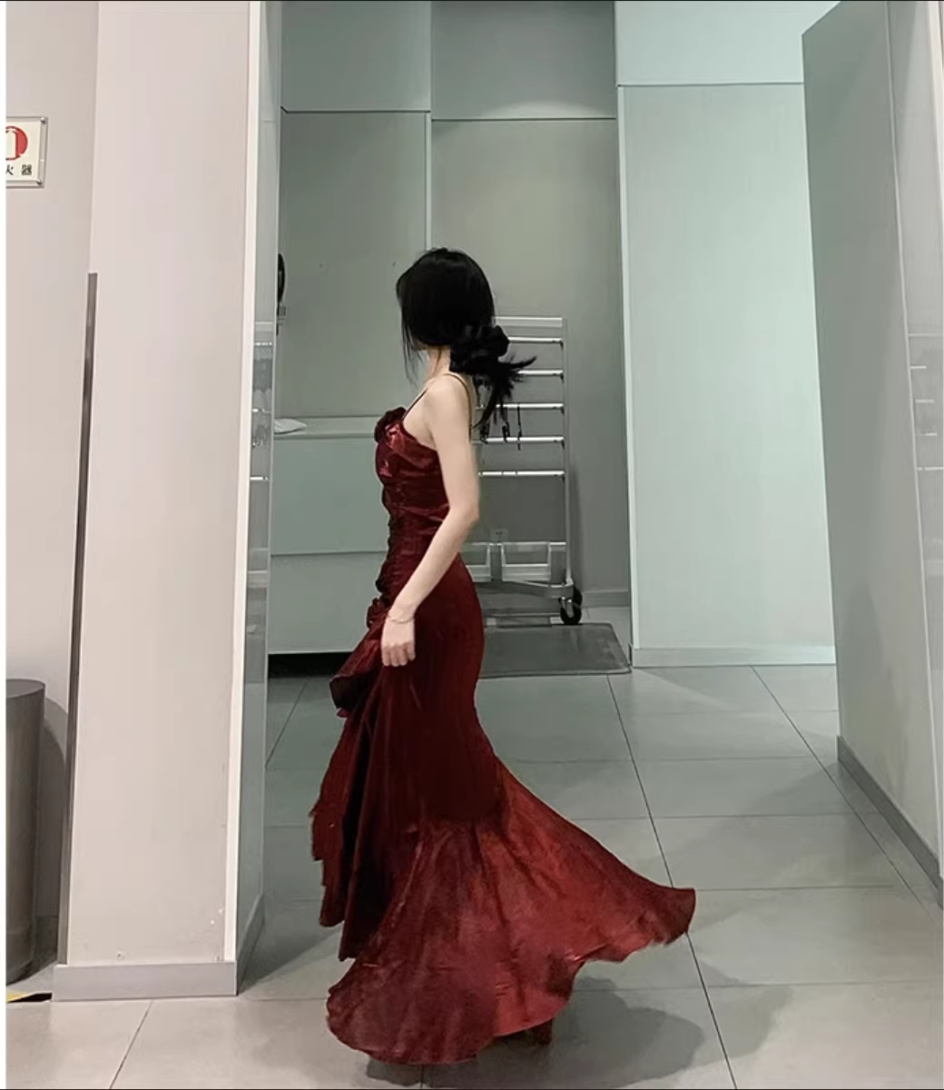 Vintage High Low Spaghetti Straps Burgundy Long Party Dresses Birthday Outfits SD451