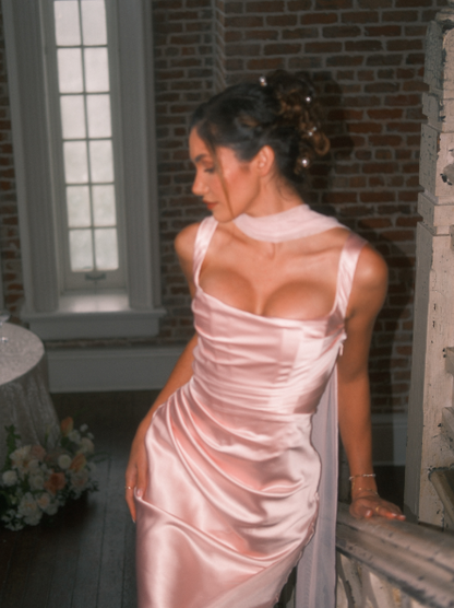 Eleagnt Spaghetti Straps Satin Pleated Mermaid Evening Dress,Pink Long Party Dress D4103