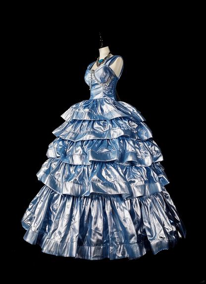 Elegant Blue Beaded Satin Layered Long Evening Dress Party Dress D5379