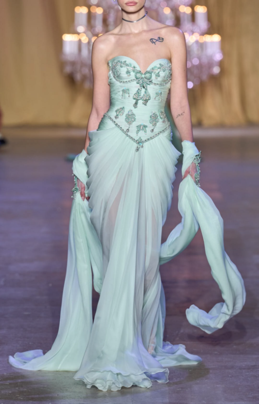Glamorous Strapless Beaded Chiffon Pleated Mermaid Green Long Party Dress Evening Gown D4359