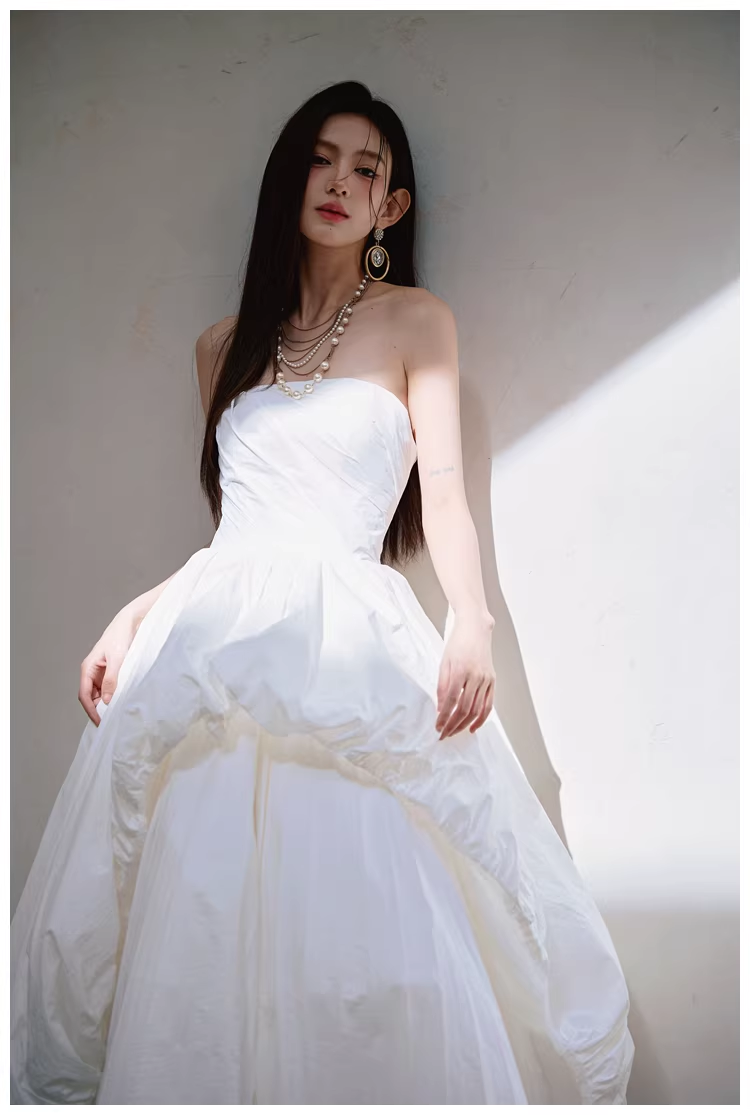 Charming Strapless White Satin Pleated Puff Birthday Party Dress Formal Prom Dresses D2413