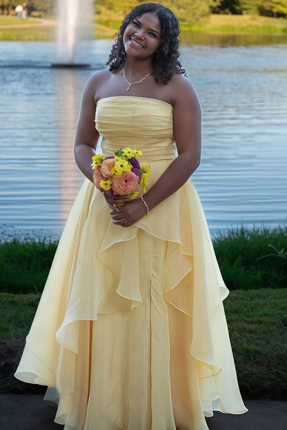 Classy Strapless Yellow Tulle Slit Long Prom Dress Formal Birthday Party Dress D1141