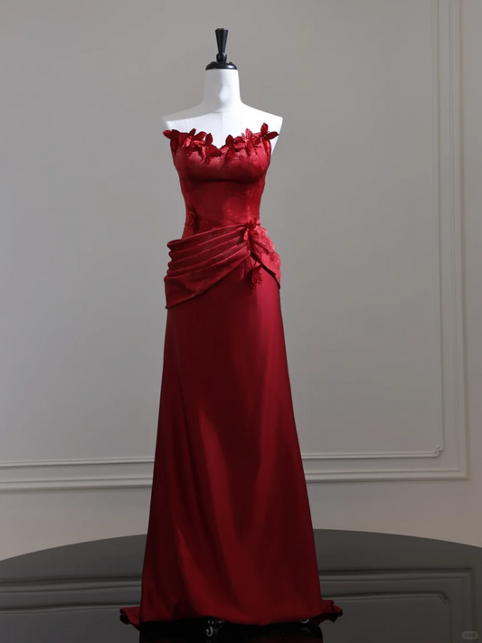 Fashion Strapless Satin Mermaid Long Wedding Guest Dress,Red Evening Dress D3126