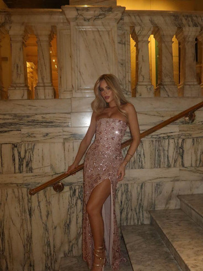 Glamorous Strapless Sequin Slit Mermaid Evening Dress,Pink Long Party Dress D3807