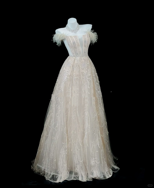 Gorgeous Tulle Embroidery Beaded Ball Gown Off The Shoulder Long Evening Dress Birthday Dress D2513