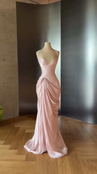 Elegant Pink Spaghetti Straps Satin Pleated Mermaid Long Party Dress Evening Dress D2978