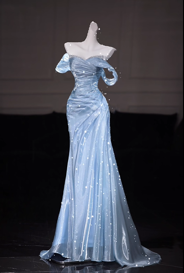 Glamorous Light Blue Tulle Beaded Mermaid Evening Dress Off The Shoulder Long Birthday Party Dress D5208