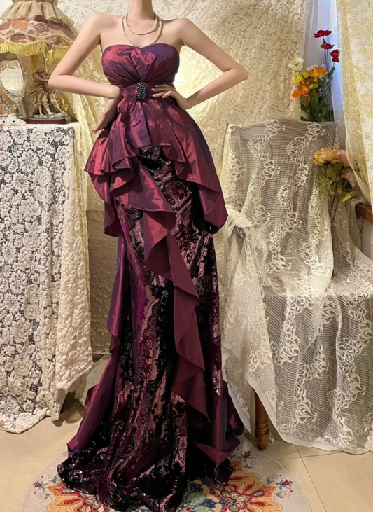 Vintage Burgundy Satin Lace Mermaid Evening Dress Strapless Long Party Gown D2133