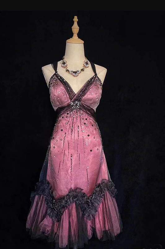 Vintage Tulle Beaded A Line Birthday Dress Spaghetti Straps Homecoming Dress Cocktail Dress S344