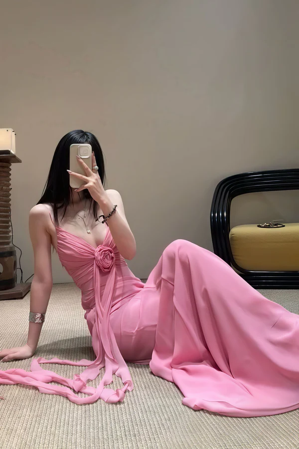 Retro Sheath Spaghetti Straps Pink Chiffon Long Party Dress Prom Dresses SD1400