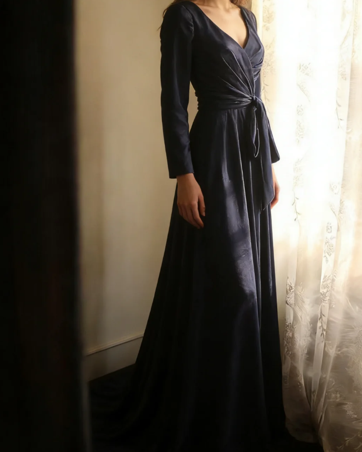 Elegant V Neck Navy Blue Satin Mermaid Long Wedding Guest Dress Formal Birthday Evening Dress D2204