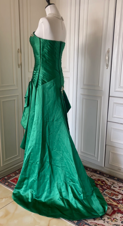Fashion Green Strapless Satin Pleated Beaded Long Evening Dress Prom Dress D3108
