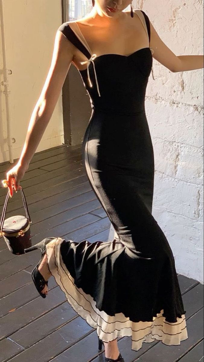 Elegant Spaghetti Straps Black Satin Layered Mermaid Evening Dress Long Birthday Party Gown D1458