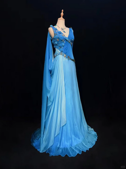 Elegant V Neck Ombre Blue Chiffon Beaded Mermaid Long Party Dress Evening Dress D2847