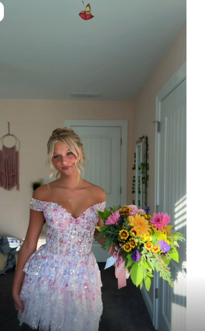 Sparkly Off The Shoulder Tulle Sequin Layered Short Party Dress,White A Line Short 8th Grade Homecoming Dress D4010