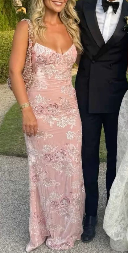 Pretty Spaghetti Straps Pink V Neck Mermaid Long Wedding Guest Dress Formal Evening Dress Prom Dress D1982