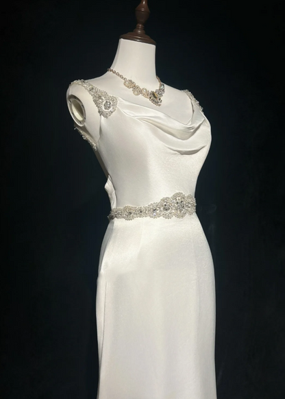 Pretty White Satin Beaded Mermaid Long Wedding Guest Dress Formal Party Dress Evening Gown D1994