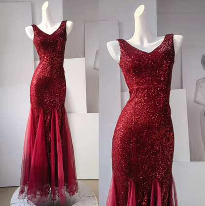 Glitter V Neck Champagne Silver Sequin Tulle Mermaid Long Evening Dress Party Gown D2399