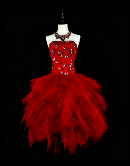 Elegant Red Satin Tulle A Line Short 6th Grade Homecoming Dress,Strapless Mini Birthday Dress D4044