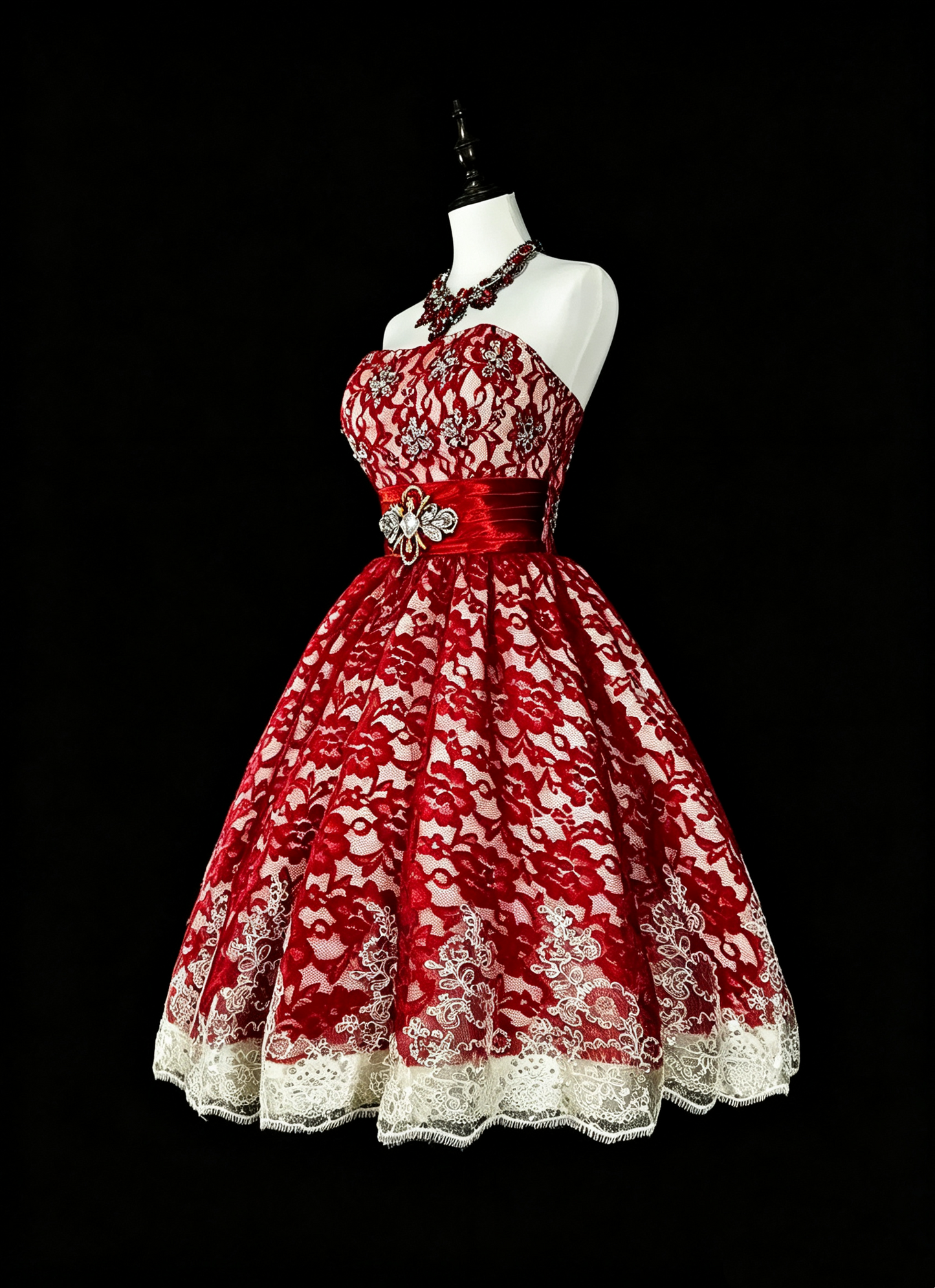Glamorous Strapless Lace Beaded Short Prom Dress,Red A Line Mini Birthday Dress D4050