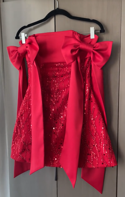 Pretty Red Bow Straps Satin Sequin Short Homecoming Dress Cocktail Dress D3948