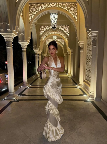 Elegant Halter Ivory Satin Pleated Ruffled Mermaid Long Evening Dress Prom Gown D4816