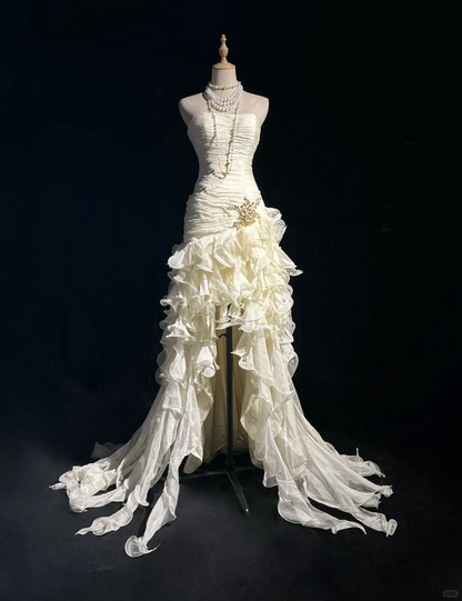 Elegant Strapless Off White Chiffon Pleated Ruffles Mermaid Evening Dress Long Prom Dress D3122