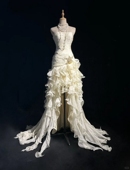 Elegant Strapless Off White Chiffon Pleated Ruffles Mermaid Evening Dress Long Prom Dress D3122