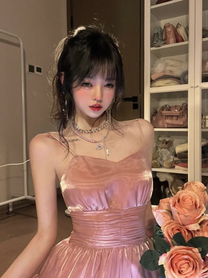 Classy A Line Spaghetti Strap Pink Organza Homecoming Dress Cocktail Dress S435