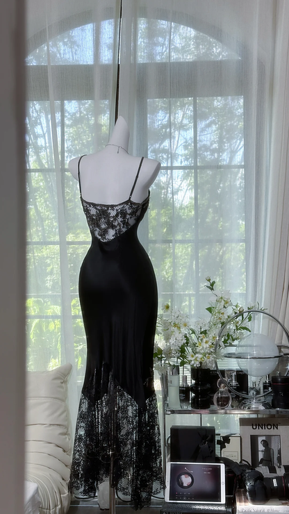 Sexy Black Spaghetti Straps Satin Beaded Lace Mermaid Long Prom Dress Party Dress D1175