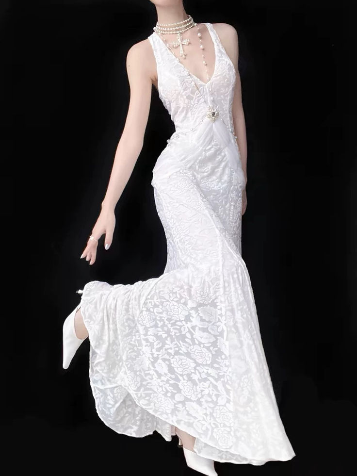 Classy V Neck White Lace Mermaid Long Evening Dress Party Gown D1980