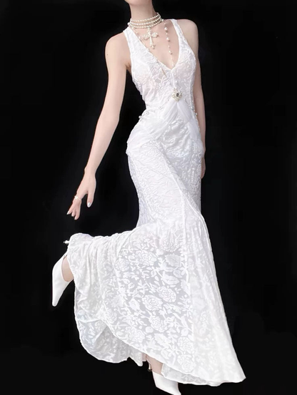 Classy V Neck White Lace Mermaid Long Evening Dress Party Gown D1980