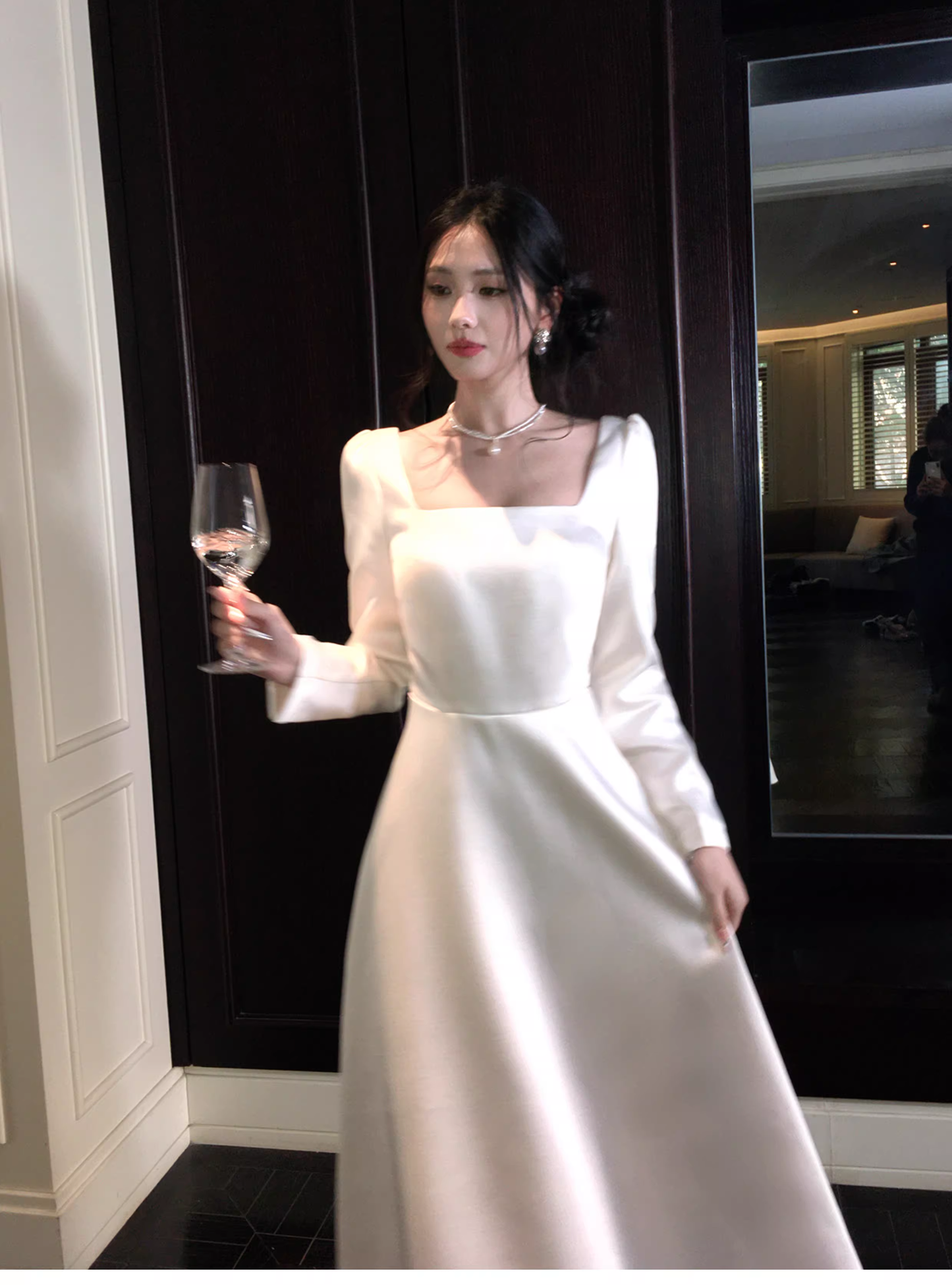 Elegant Square White Satin A Line Long Party Dress Evening Dress D2179