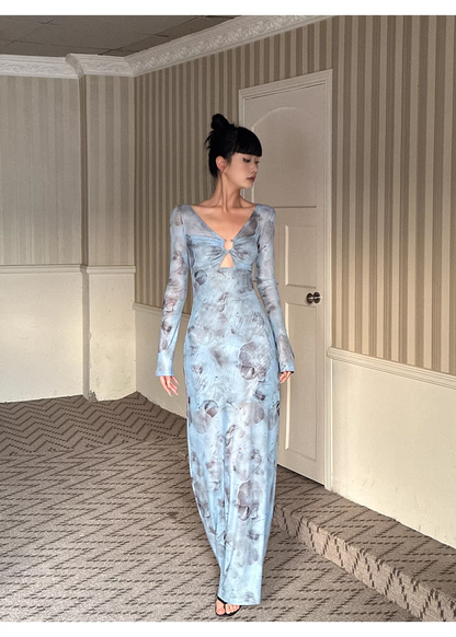 Charming V Neck Blue Lace Sheath Long Evening Dress Formal Wedding Guest Dress D2081