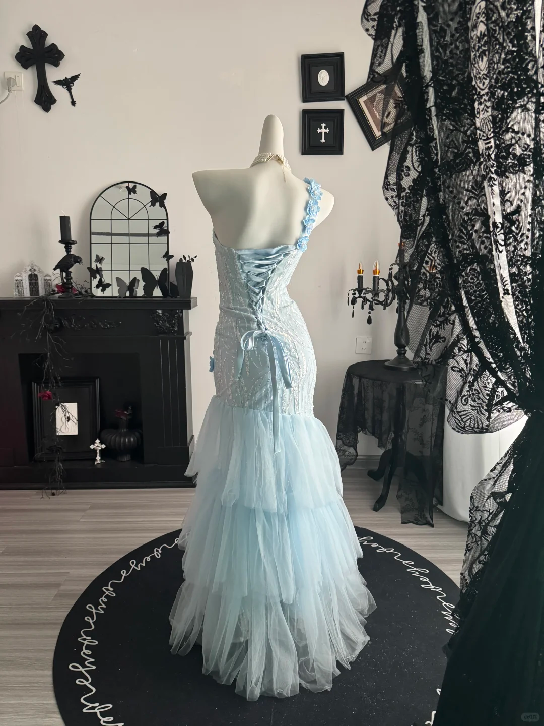 Classy Blue One Shoulder Sequin Tulle Layered Mermaid Long Prom Dress Evening Dress With Florals D3713