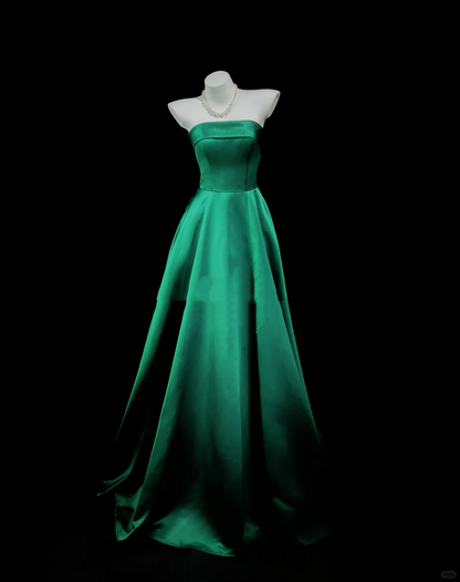 Vintage Strapless Satin A Line Long Wedding Guest Dress Green Birthday Evening Dress Prom Gowns D2518