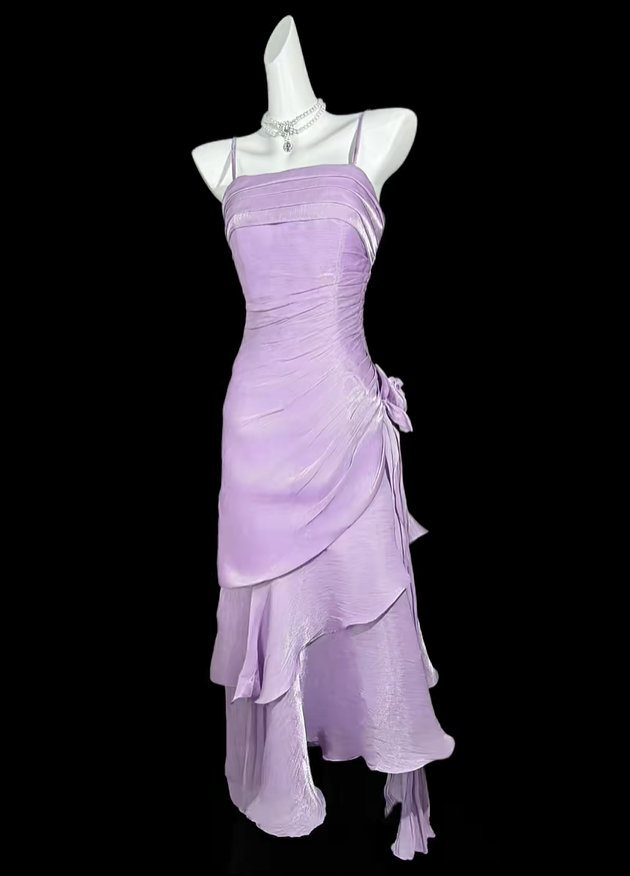 Glamorous Spaghetti Straps Purple Satin Layered Mermaid Long Party Dress Birthday Prom Dresses D4204