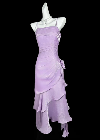 Glamorous Spaghetti Straps Purple Satin Layered Mermaid Long Party Dress Birthday Prom Dresses D4204