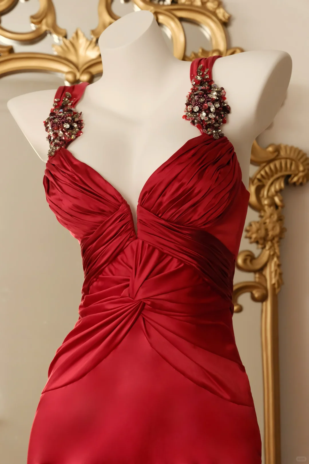 Fashion Red Satin Pleated Sheath Midi Prom Dress Party Gown With Beads D2711