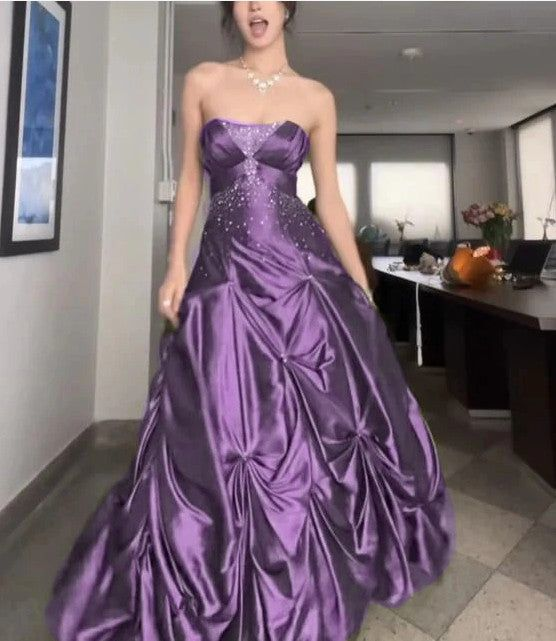 Retro Ball Gown Strapless Green Ruffles Satin Long Party Dress Prom Dresses SD1388