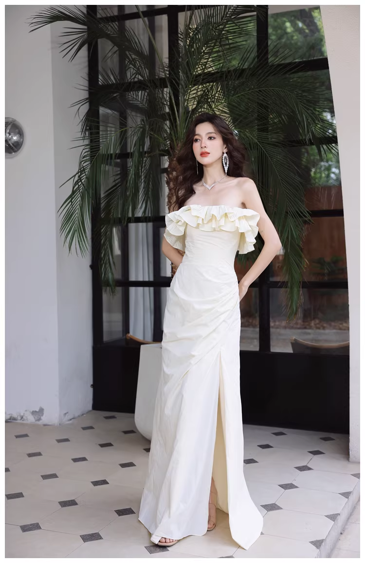Elegant Beige Strapless Satin Pleated Mermaid Slit Long Evening Dress Birthday Party Dress With Bow D2418