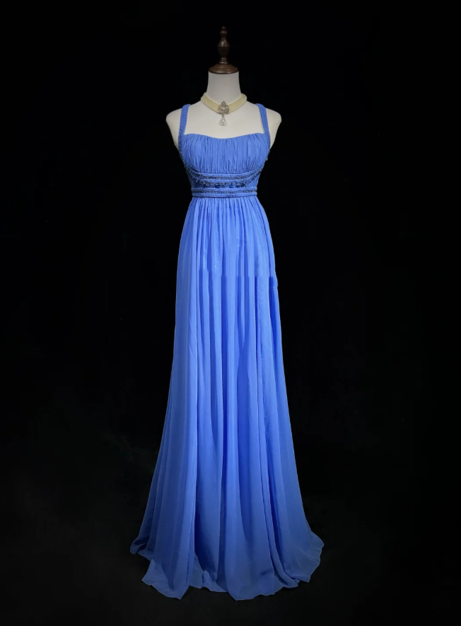 Elegant Spaghetti Straps Blue Chiffon Beaded Long Wedding Guest Dress,Formal Birthday Prom Dress Evening Dress D2072
