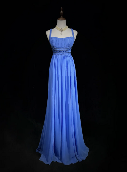 Elegant Spaghetti Straps Blue Chiffon Beaded Long Wedding Guest Dress,Formal Birthday Prom Dress Evening Dress D2072