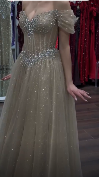 Elegant Champagne Tulle Sequin Beaded A Line Long Party Dress Off The Shoulder Long Birthday Evening Dress D4633