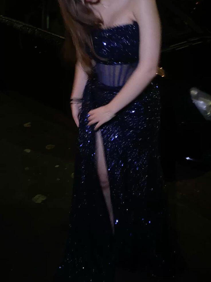 Sparkly Strapless Navy Blue Sequin Slit Mermaid Long Party Dress Birthday Prom Gowns D5150