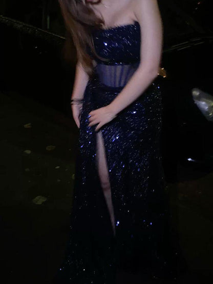 Sparkly Strapless Navy Blue Sequin Slit Mermaid Long Party Dress Birthday Prom Gowns D5150