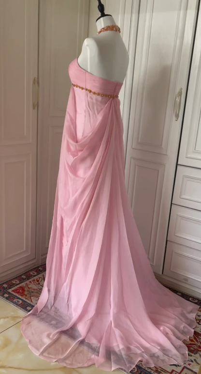Pretty Pink Halter Chiffon Beaded Mermaid Evening Dress Long Wedding Guest Dress D3107