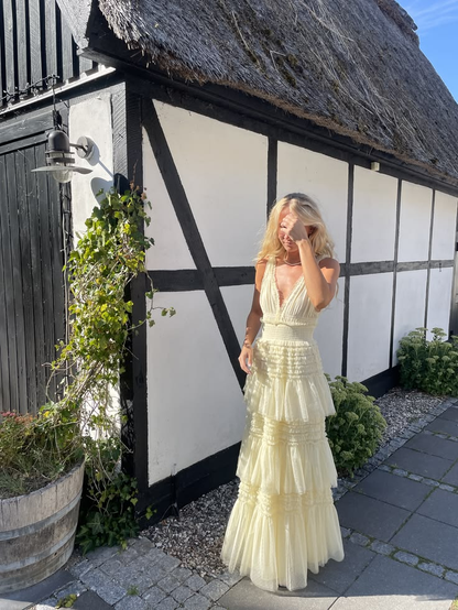 Sweet V Neck Tulle Pleated Layered A Line Long Wedding Guest Dress Yellow Long Birthday Party Dress D5035