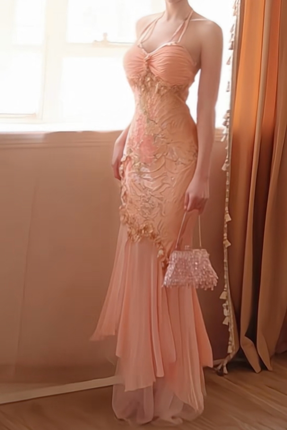 Glamorous Light Orange Pink Chiffon Mermaid Long Prom Gown Halter Evening Gown D2777